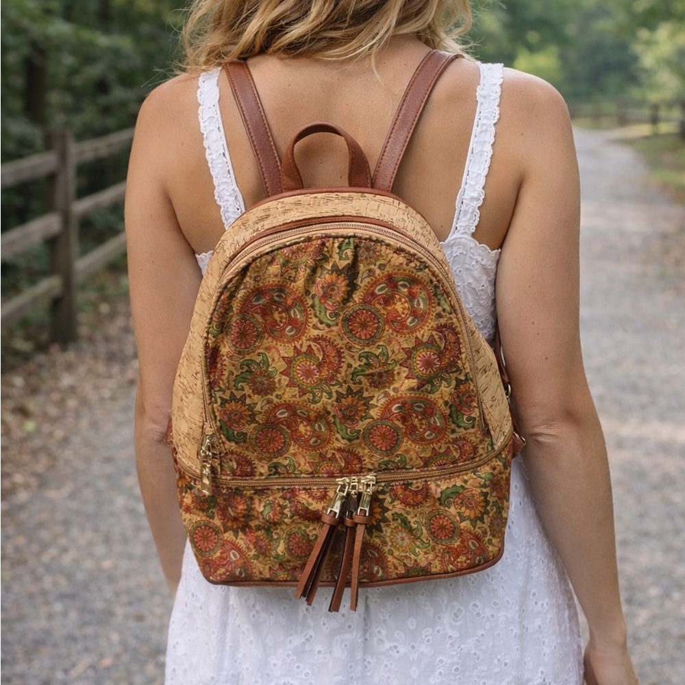 Corkcho Book Bag Vegan Leather Boho Paisley Eco Friendly Purse Cork Vacation